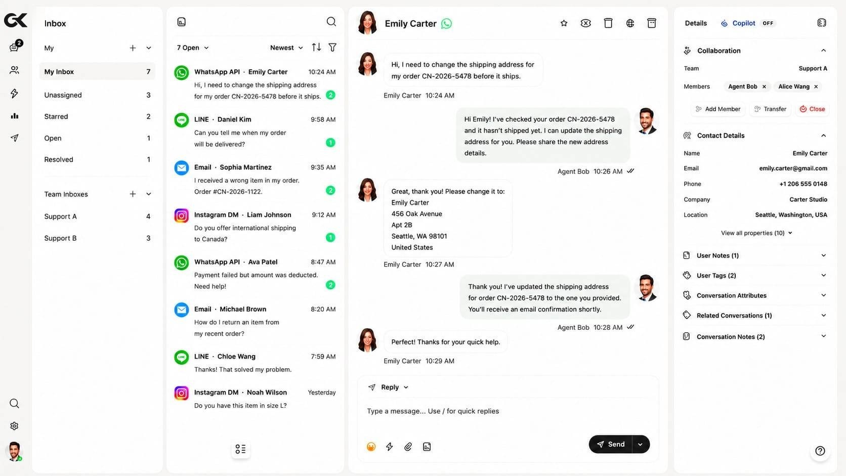 GeneX team inbox — unified WhatsApp, LINE and Telegram inbox with AI copilot, live product screenshot